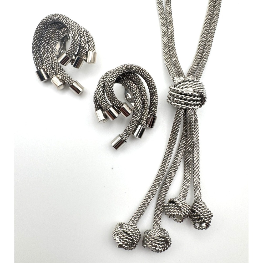Vintage Mesh Necklace Earring Set Tassel Silver Tone Knot Lariat Clip On